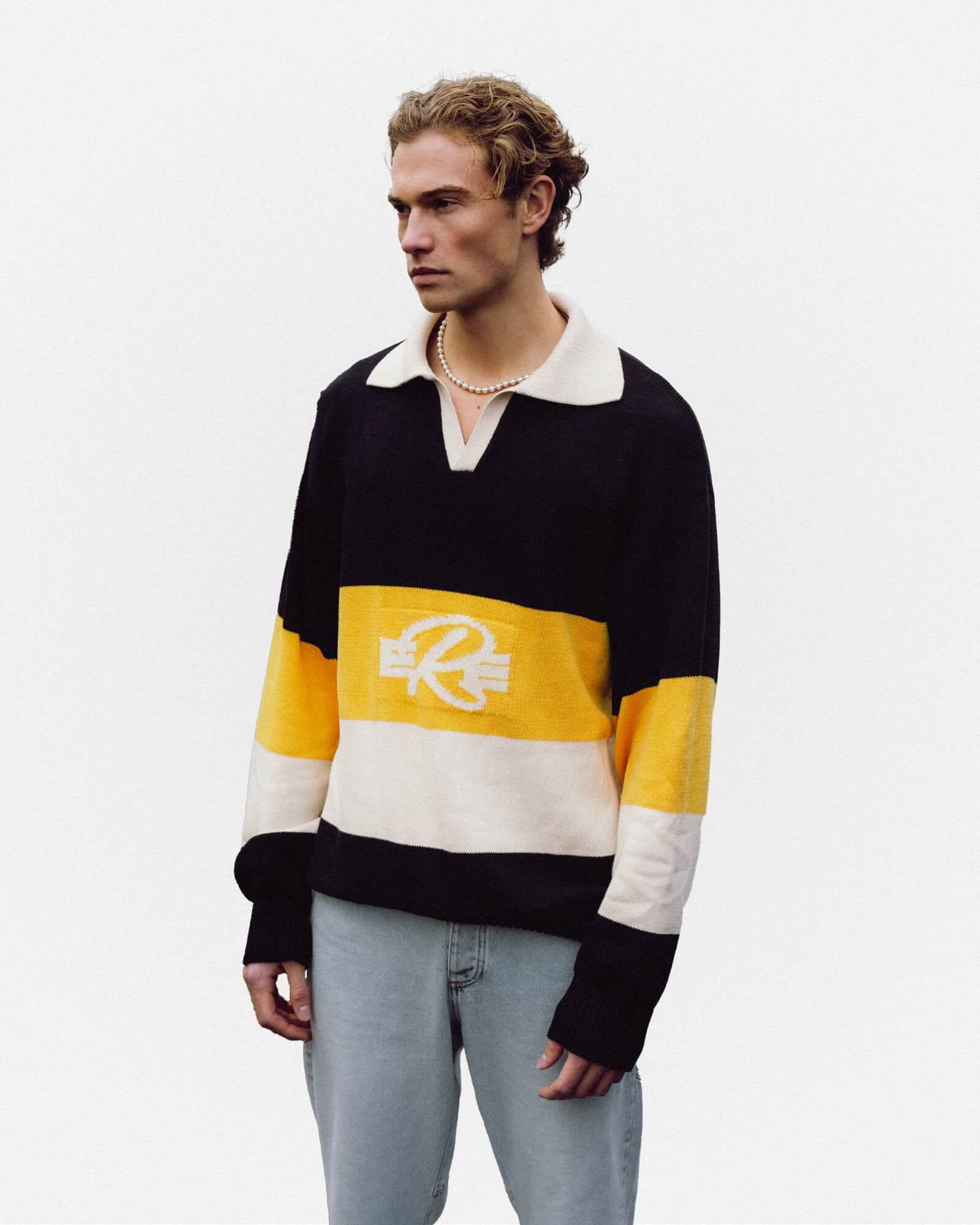Autumn Sonata - Sweater with Collar Striped Yellow